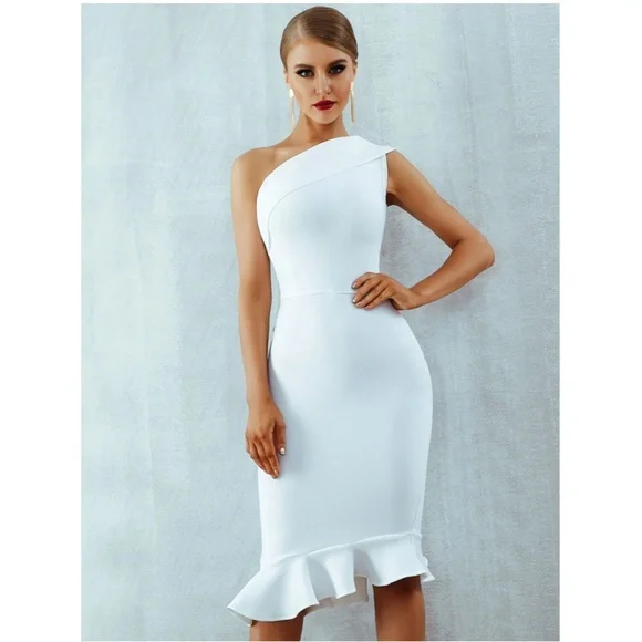Bandage Asymmetrical Midi Dress White Ruffle Hem One Shoulder - Picture 10 of 16